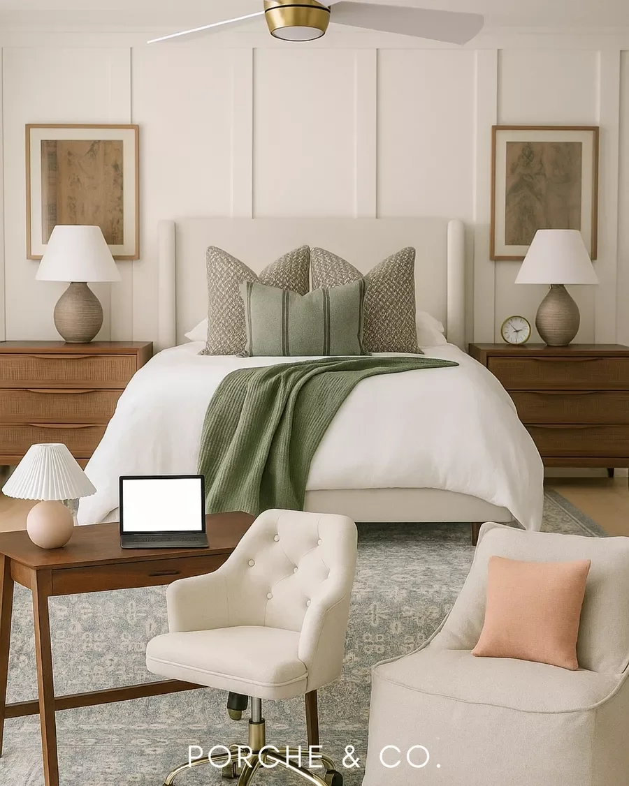 Neutral styled bedroom with paneled wall and warm lamps