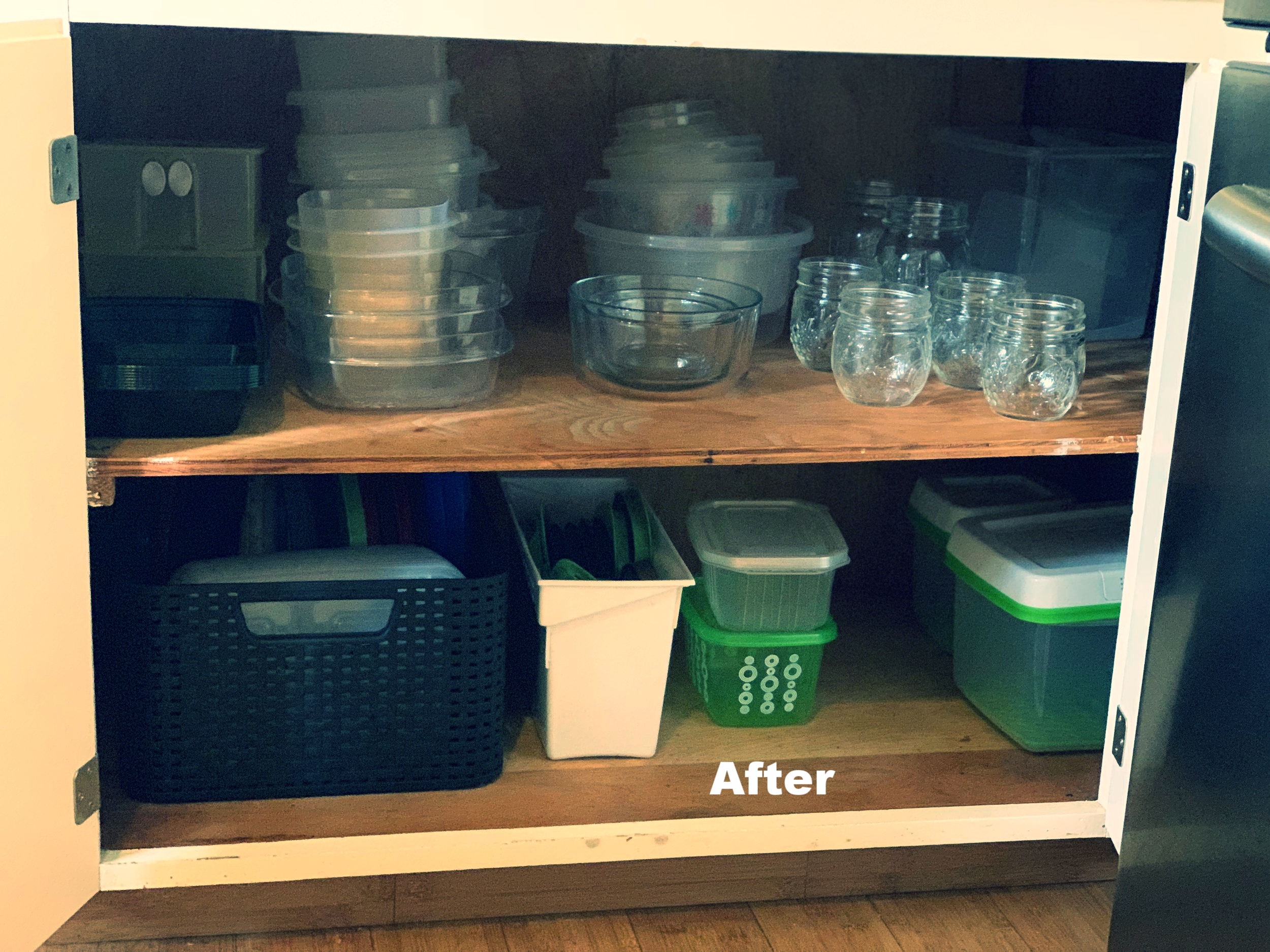 Afterwards On the bottom, I have lids and containers that I will use for when we have company over. On the top, I have all the containers and mason jars.