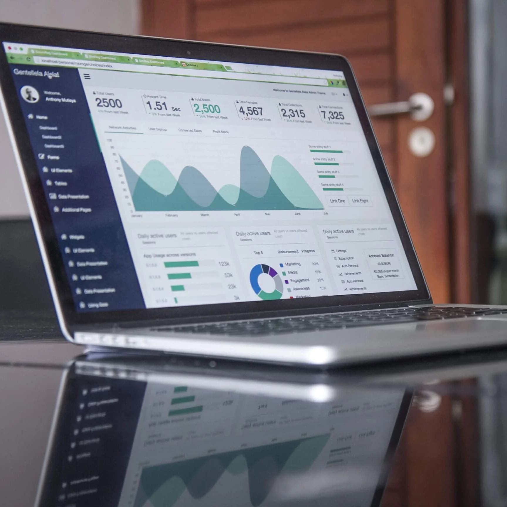 MacBook laptop showing a colorful web analytics app.