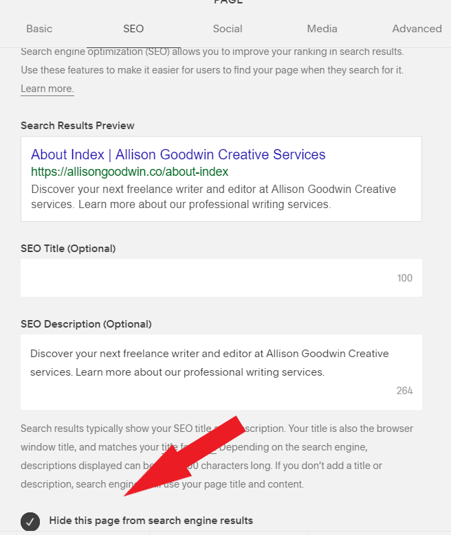 The no-index option keeps this page from showing up in search results. Find it under SEO settings in your page settings.