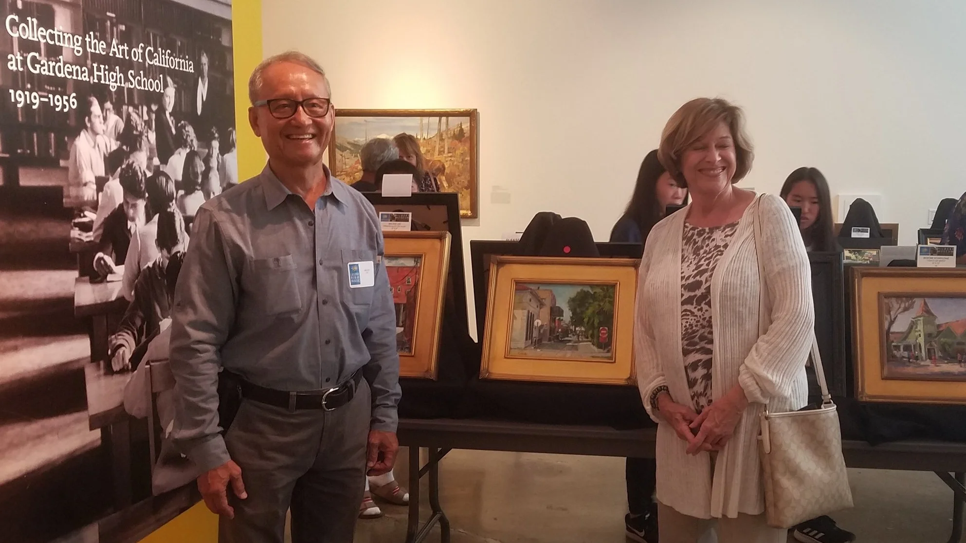 Walter with his artwork collector at Hilbert Museum of California Art at Chapman University on June 8, 2019. She purchased Walter’s oil painting titled Alley Behind Sunkist Building.