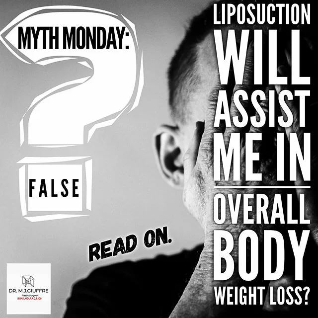 Myth Monday:
LIPOSUCTION will assist me in overall body weight loss?
FALSE!  READ ON.
What is LIPOSUCTION?
This is a surgical operation designed to improve the contour and shape of prominent areas of the body by removing unwanted fat. Liposuction is 