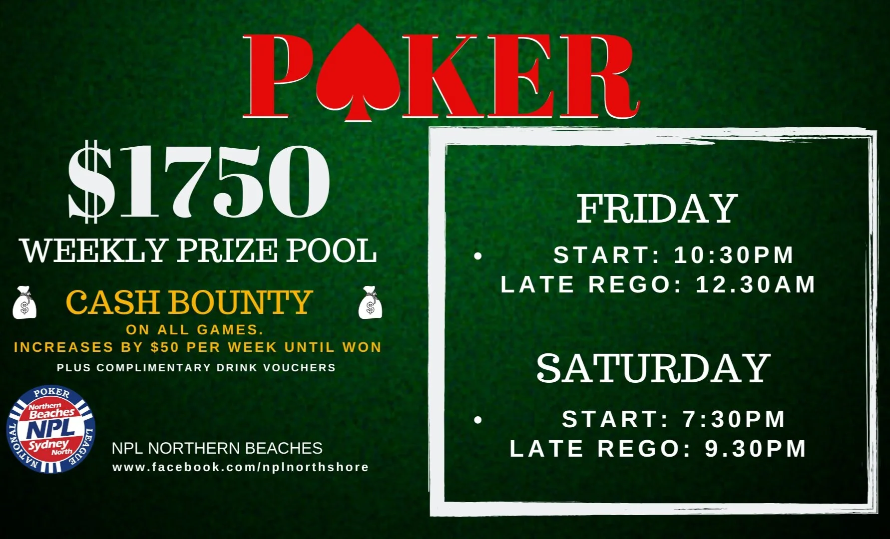 Test your poker face this Friday or Saturday night with NPL poker.
