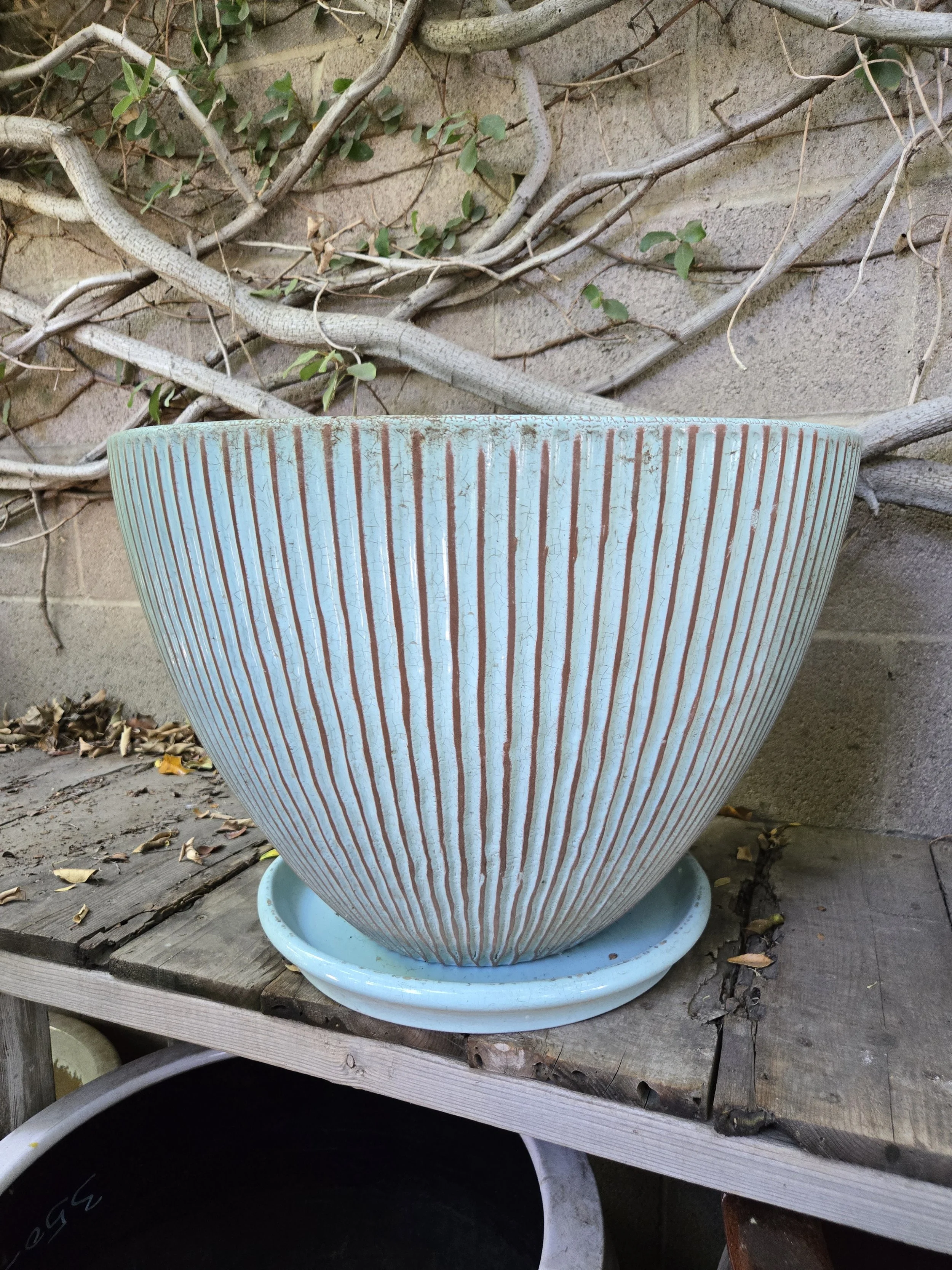 Ribbed Sky-Blue Glazed Planter with Saucer