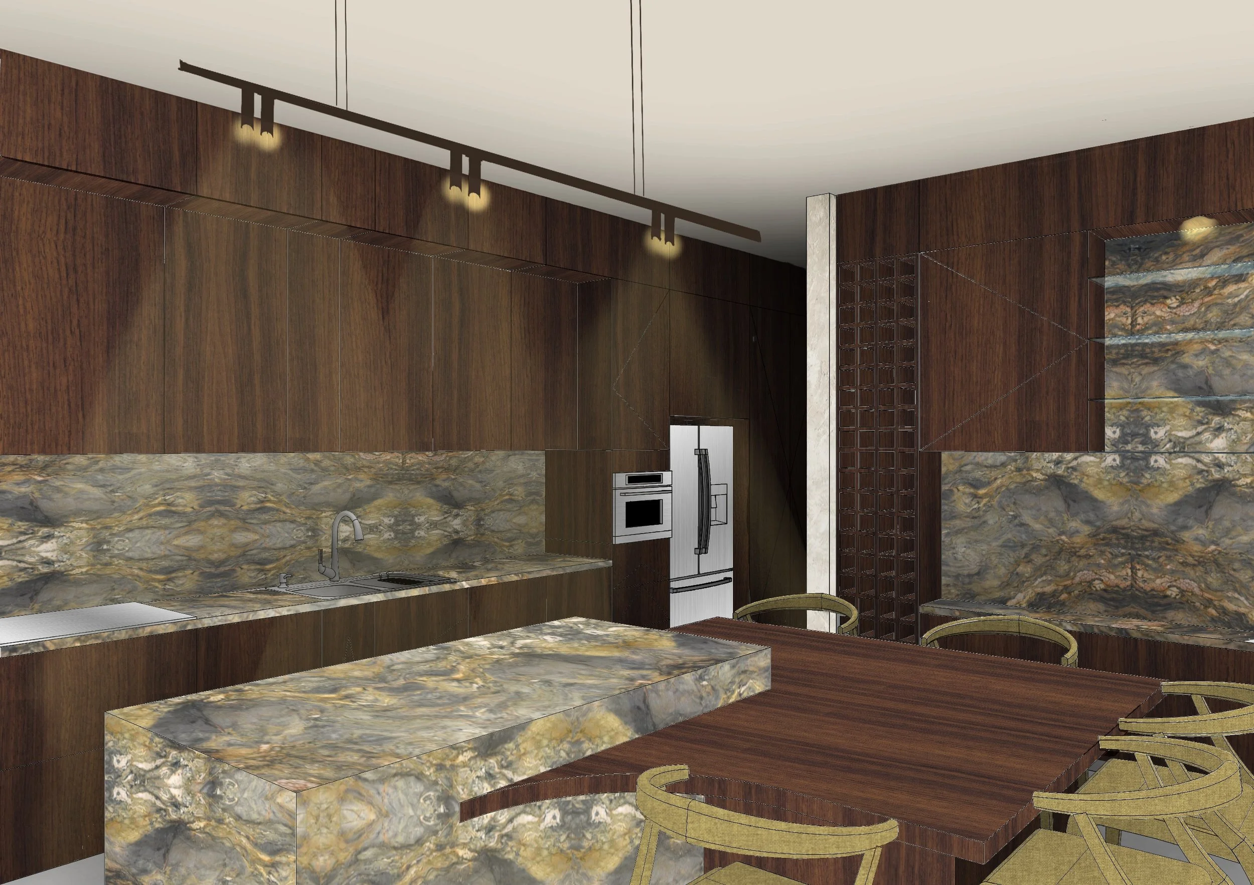 Dark walnut kitchen cabinetry with marble island and integrated dining table and wine bar