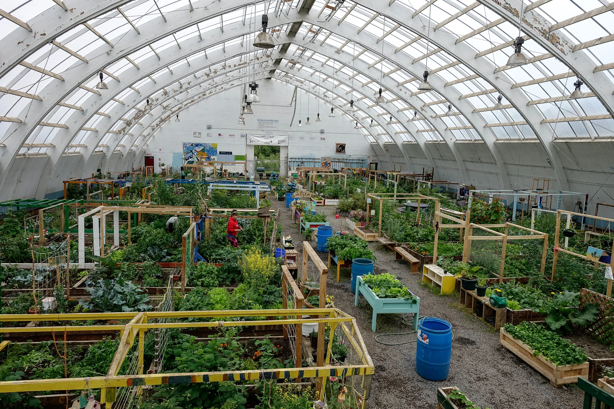 INUVIK COMMUNITY GREENHOUSE. FORMERLY THE SITE OF AN ICE HOCKEY ARENA, THE BUILDING NOW CONTAINS RESIDENTS’ ALLOTMENTS.