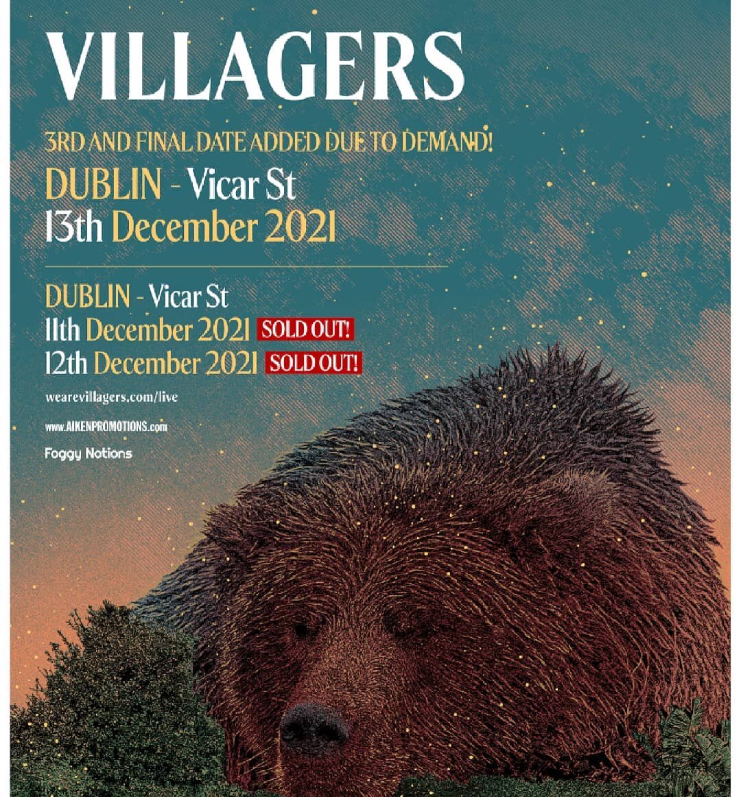 Villagers have announced a 3rd show at Dublin's Vicar Street on 13th December 2021.  Tickets on sale from 9am Fri 21 May at @tmie