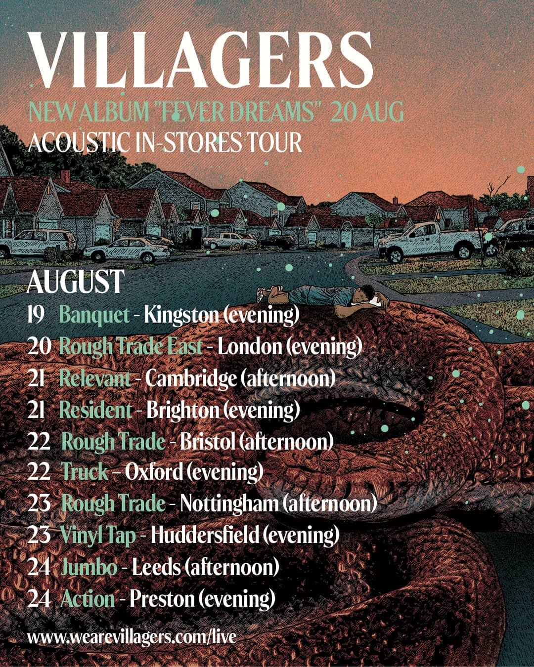 To celebrate the release of new album &quot;Fever Dreams&quot; @wearevillagers will be playing acoustic in-stores at these wonderful shops in August.