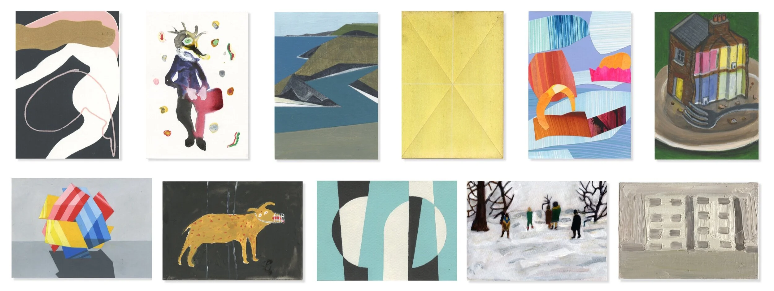 Top row: Lot 99 - ‘Dancer’, Lot 82 - ‘The Meeting 4’, Lot 160 - ‘Vertical Coast’, Lot 61 - ‘Yellow with White (Folded/Scored)’, Lot 21 - ‘Owning the Sky’, Lot 210 - ‘Demolition’ Bottom row: Lot 24 - ‘Christmas Too’, Lot 1 - ‘Bad Dog’, Lot 54 - ‘Transience’, Lot 85 - ‘Winter Walk’, Lot 16 - ‘Pills Blister Pack Vertical’