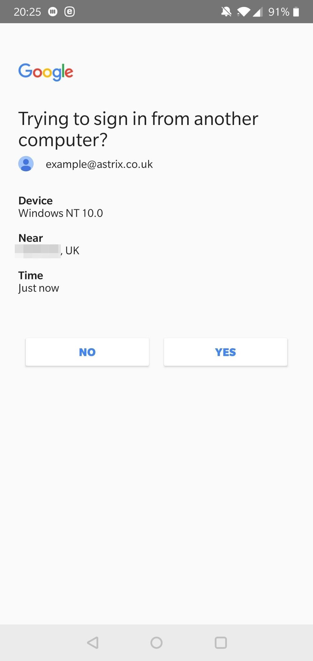 Google Prompt sign-in request on Android.