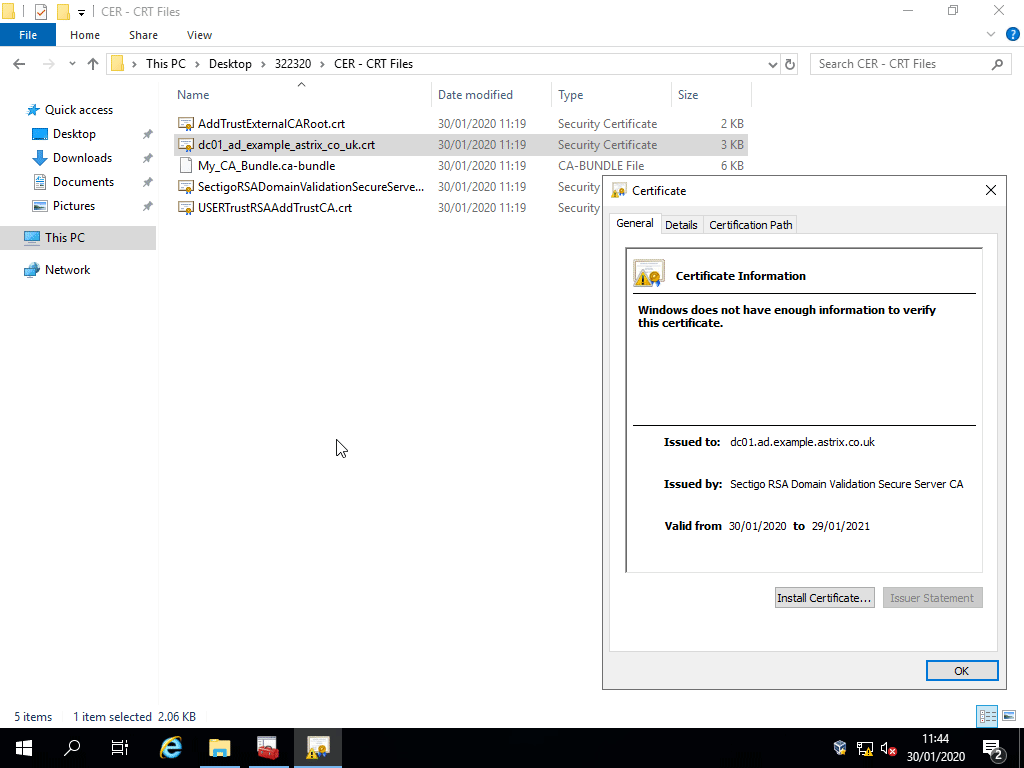 Installing the certificate for the intermediate CA “Sectigo RSA Domain Validation Secure Server CA” to complete the chain of trust for the end-entity certificate.