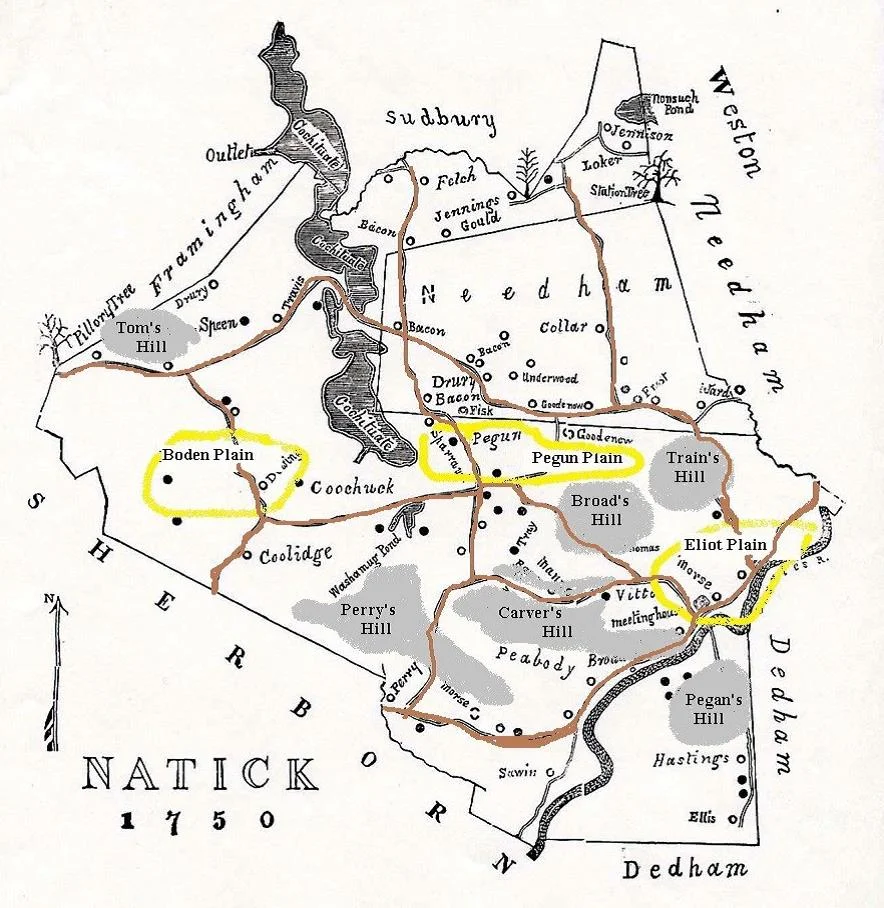 Map of Natick in 1750 (In Natick Historical Society collections)