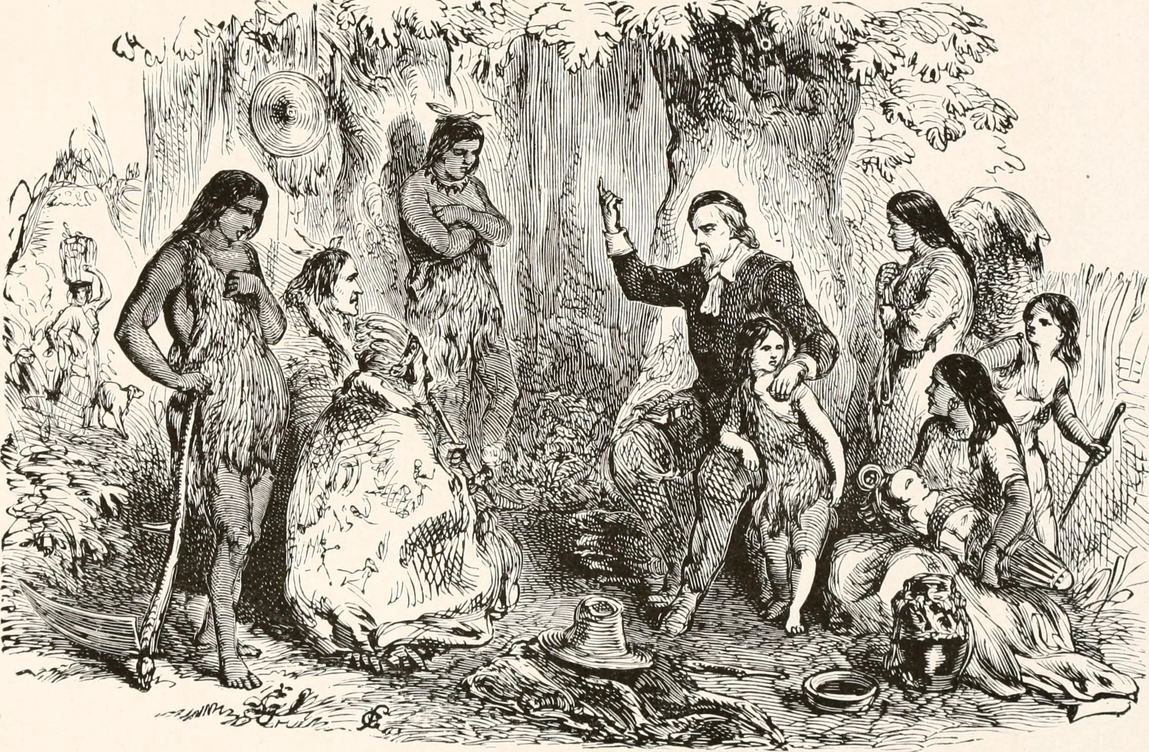 “John Eliot preaching to the Indians” (from Indian History for Young Folks , 1919, Wikimedia Commons)