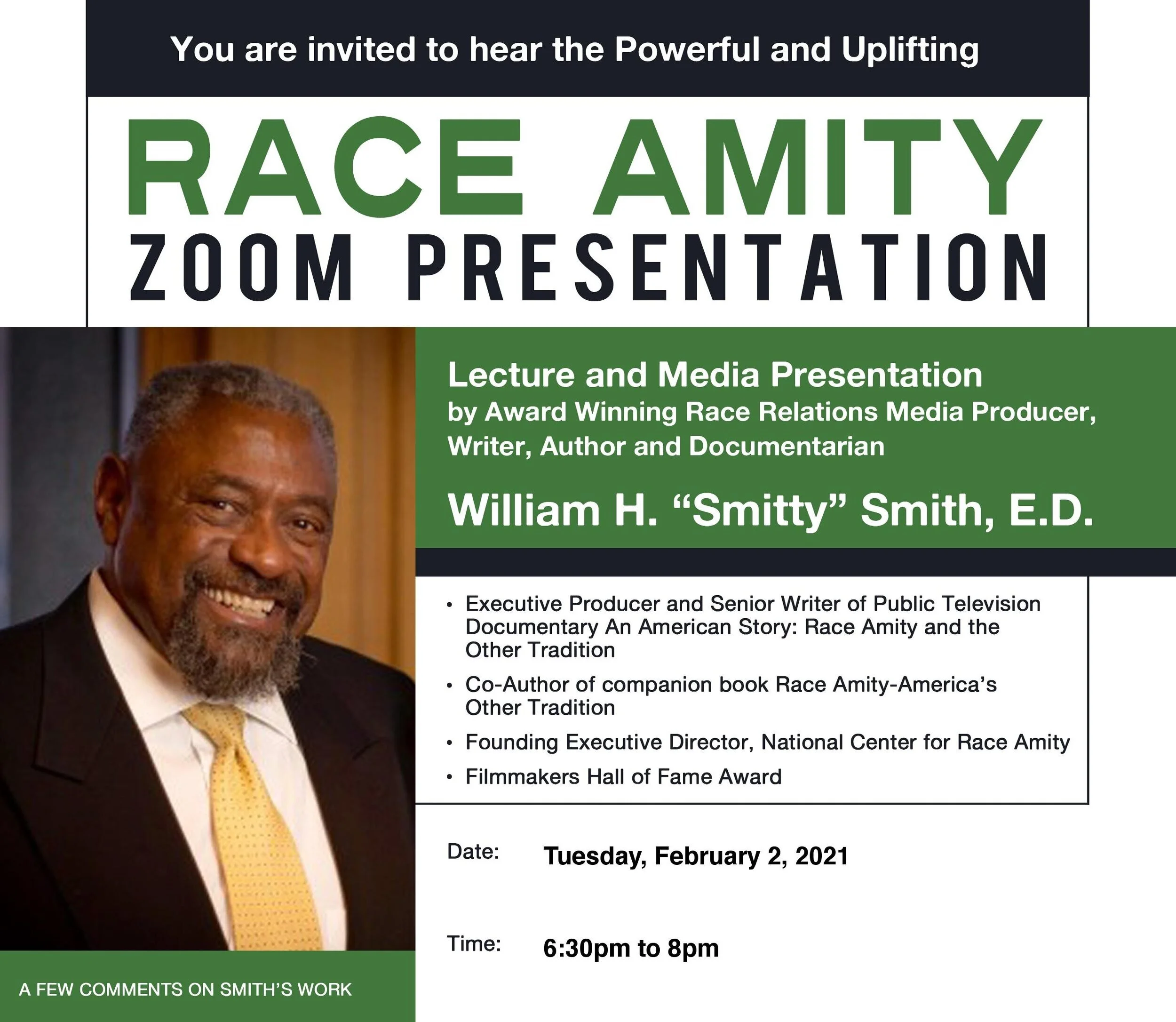 Race Amity Zoom Presentation featuring Lecture by William H. Smith