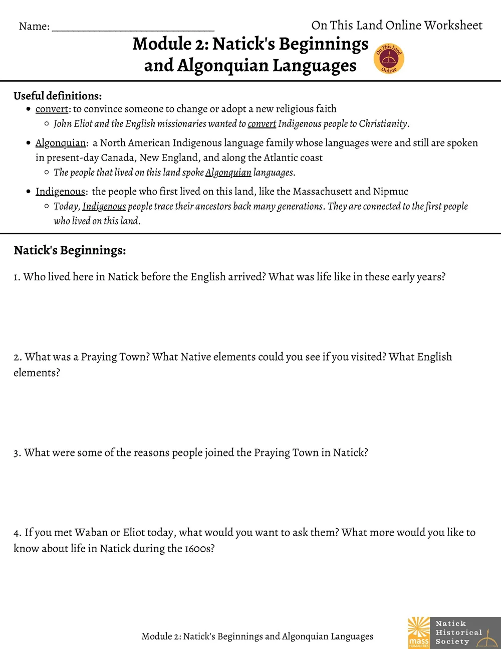 worksheets natick historical society
