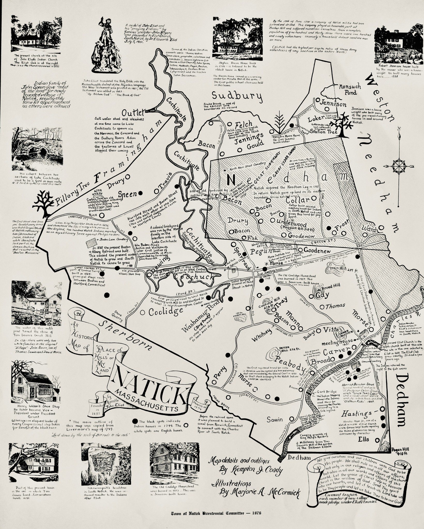 This town-wide map of Natick was created as part of bicentennial celebrations  in 1976. It details of the 18th-century land swap with Needham, and other historical events and sites around town. From the Natick Bulletin of April 1976, &quot;This map i