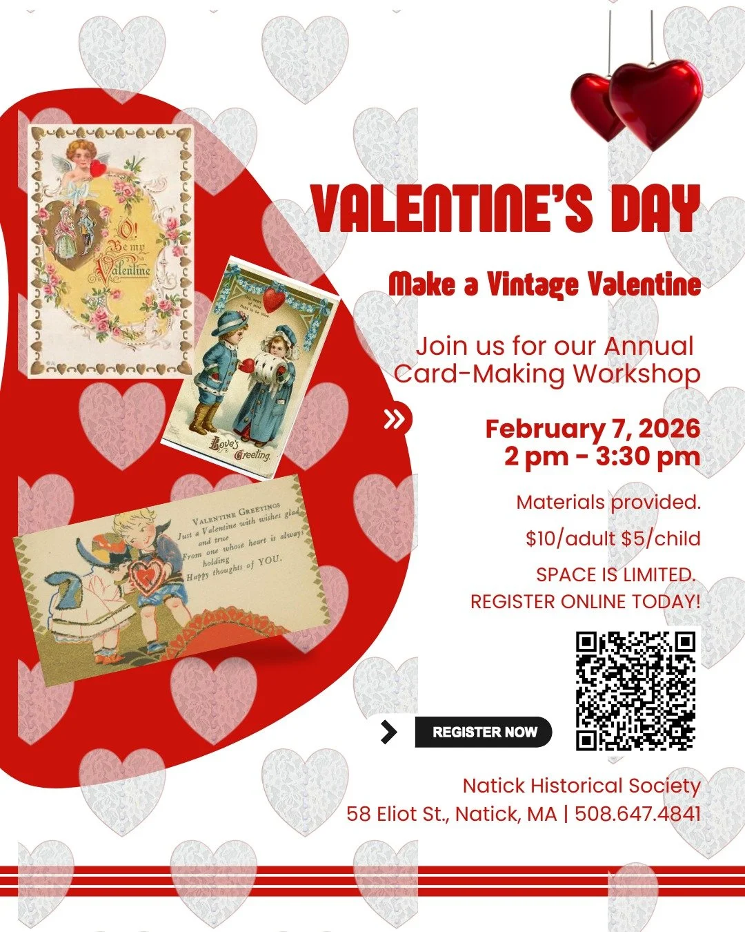 New lacy and lovely supplies are in! We "heart" making vintage valentines in the Natick History Museum every year. Join us THIS Saturday @ 2p! Get your tickets on Eventbrite. See you there!