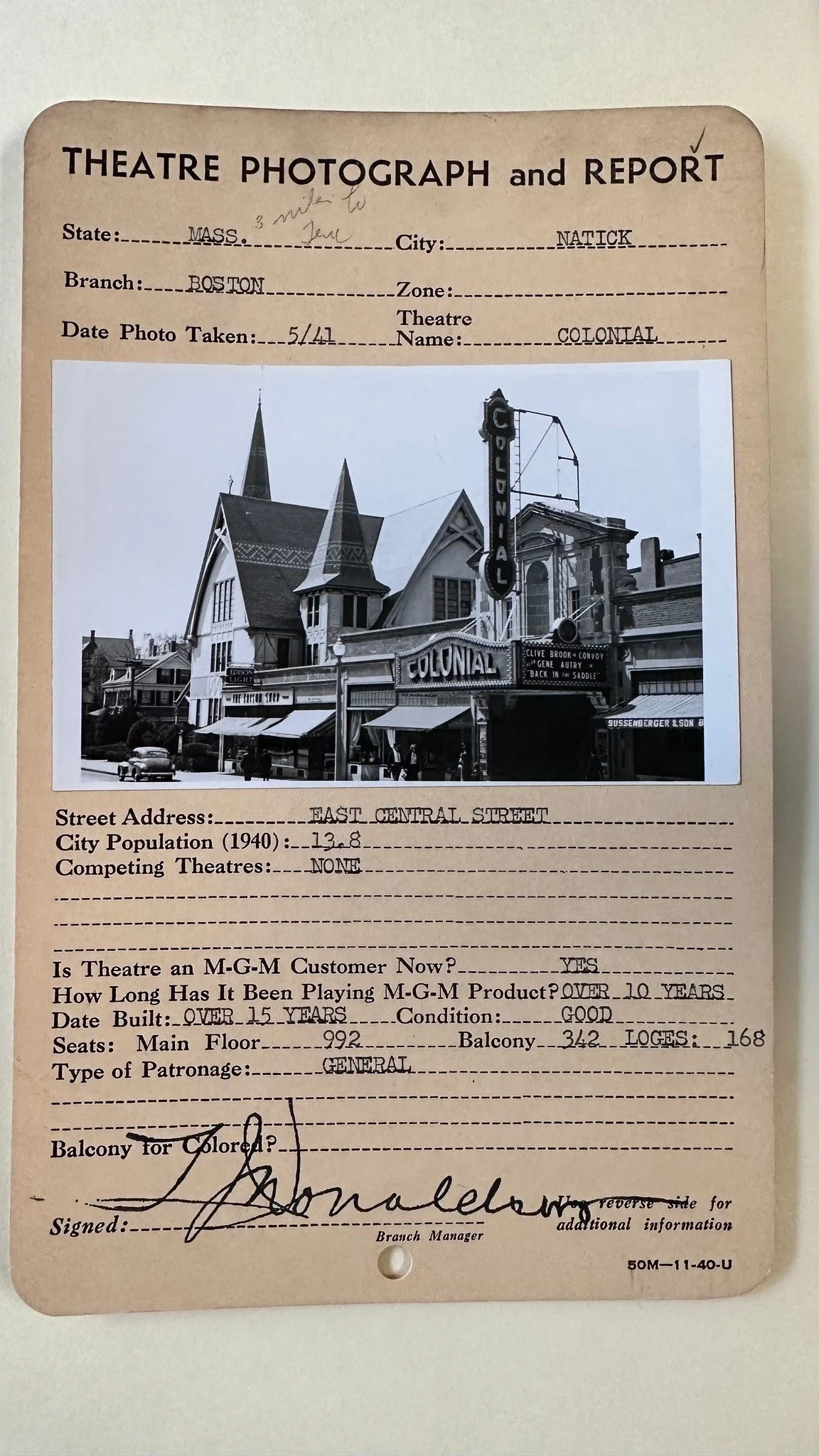 🎬🍿🎥 Who remembers this gem on East Central Street? 🎬🍿🎥

This 1941 &ldquo;Theatre Photograph and Report&rdquo; shows the Colonial Theatre complete with its marquee, vertical sign, and notes on seating, condition, and its long relationship with M