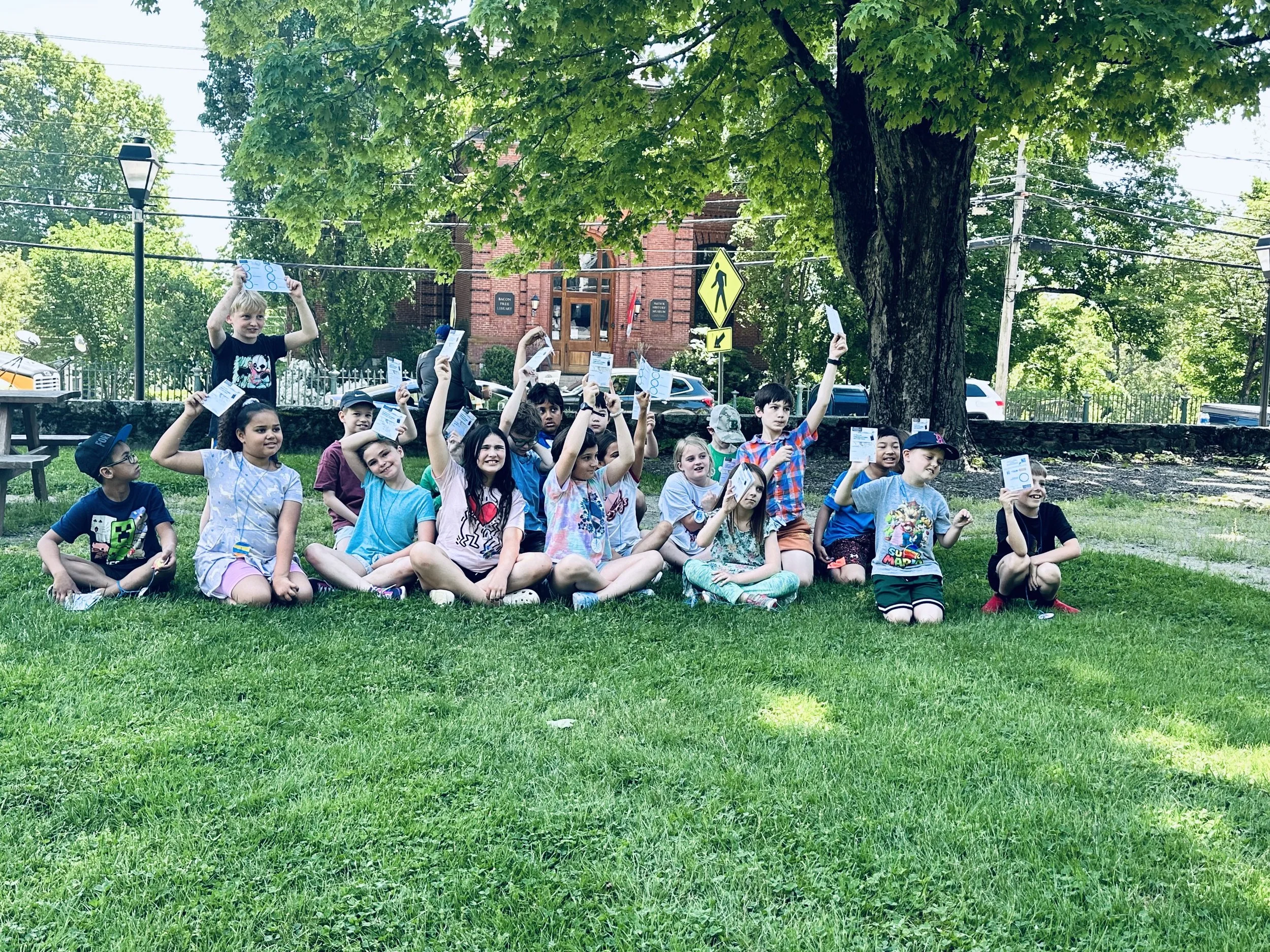 Natick third graders participate in the Natick Historical Society’s annual local history program at Shaw Park in South Natick, 2024.