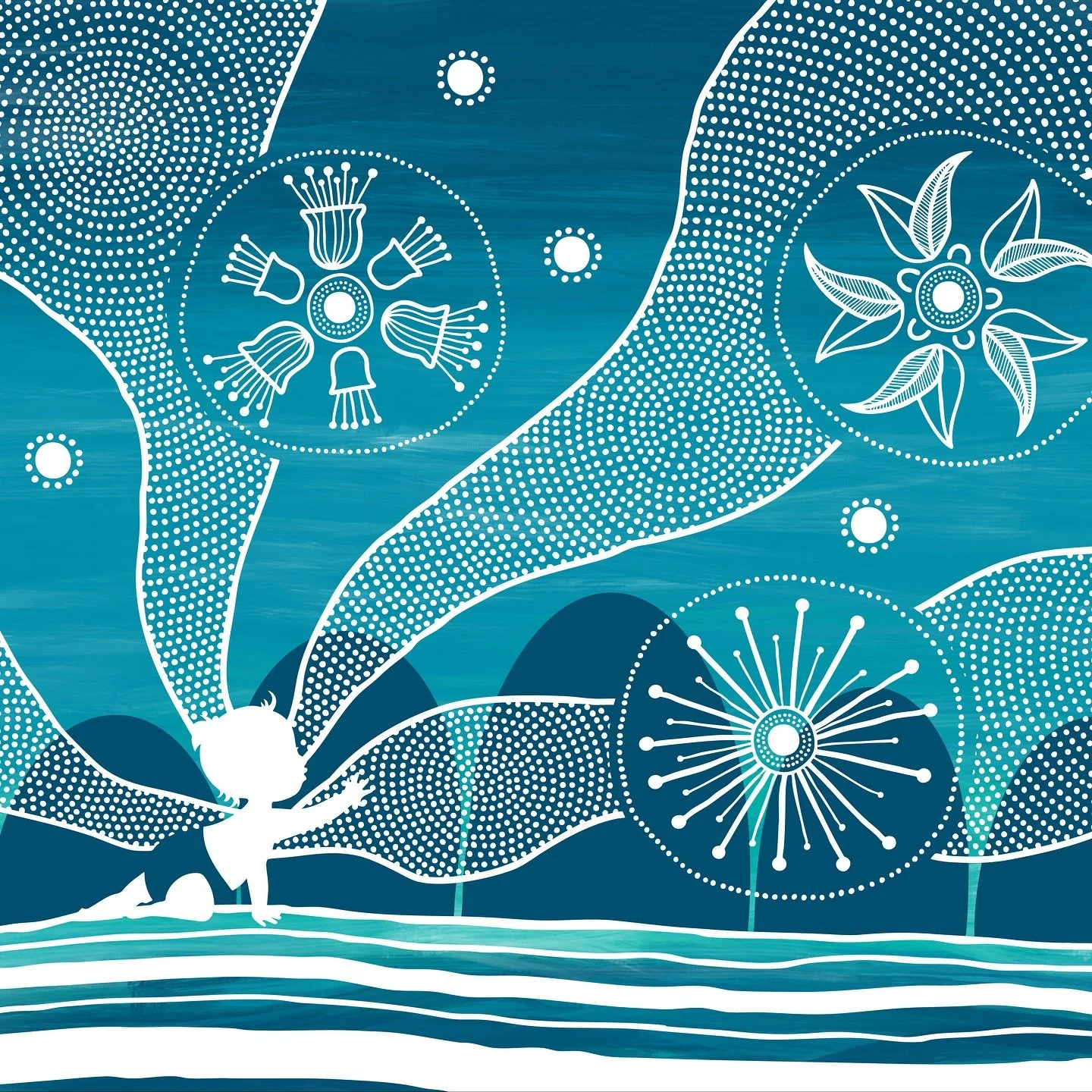 This artwork is a tribute to the Inklings Program, painted in aquas and blues that evoke the serene yet powerful palette of the brand. The scene unfolds beneath a vast night sky, with vast sandy plains and rolling hills that echo the landscape of Wes