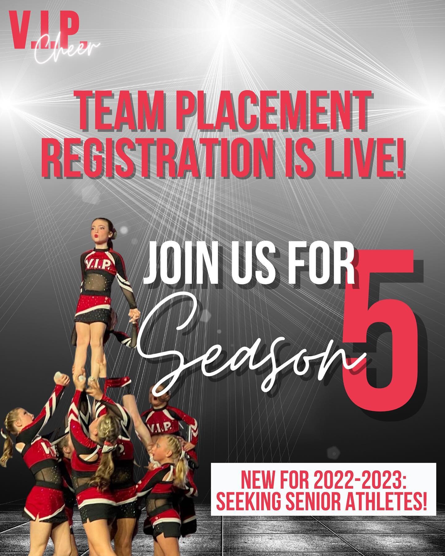 🚨REGISTRATION IS LIVE!🚨

Come join the V.I.P. team for the 2022-2023 season! Team placements are for athletes ages 5-18, both experienced and beginners, who are interested in our prep and elite teams. 

New for Season 5: seeking Senior athletes to 