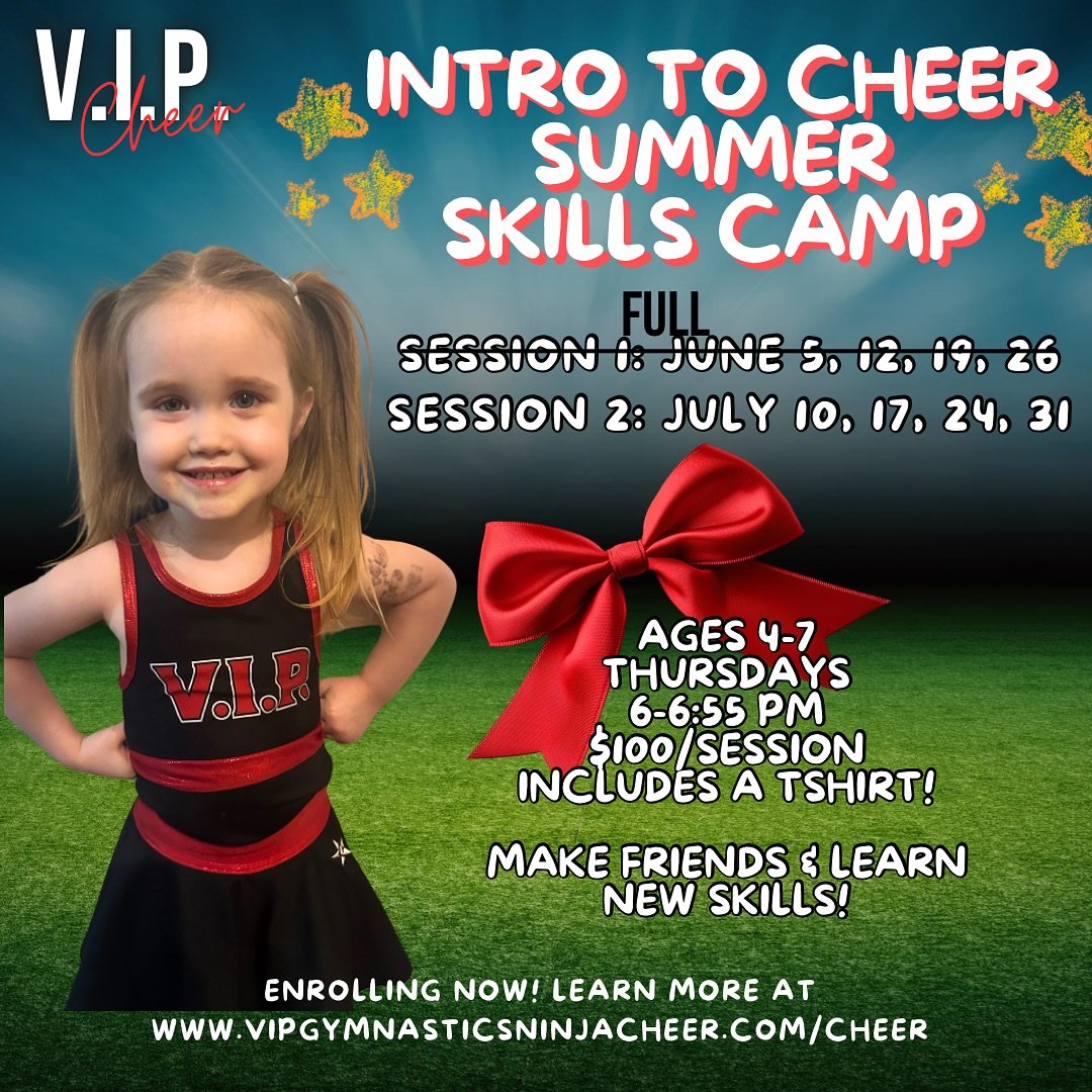 Our first session of Intro to Cheer Summer Skills Camp is full! Secure your spot for Session 2 by registering online on our Parent Portal: https://app.jackrabbitclass.com/regv2.asp?id=534854