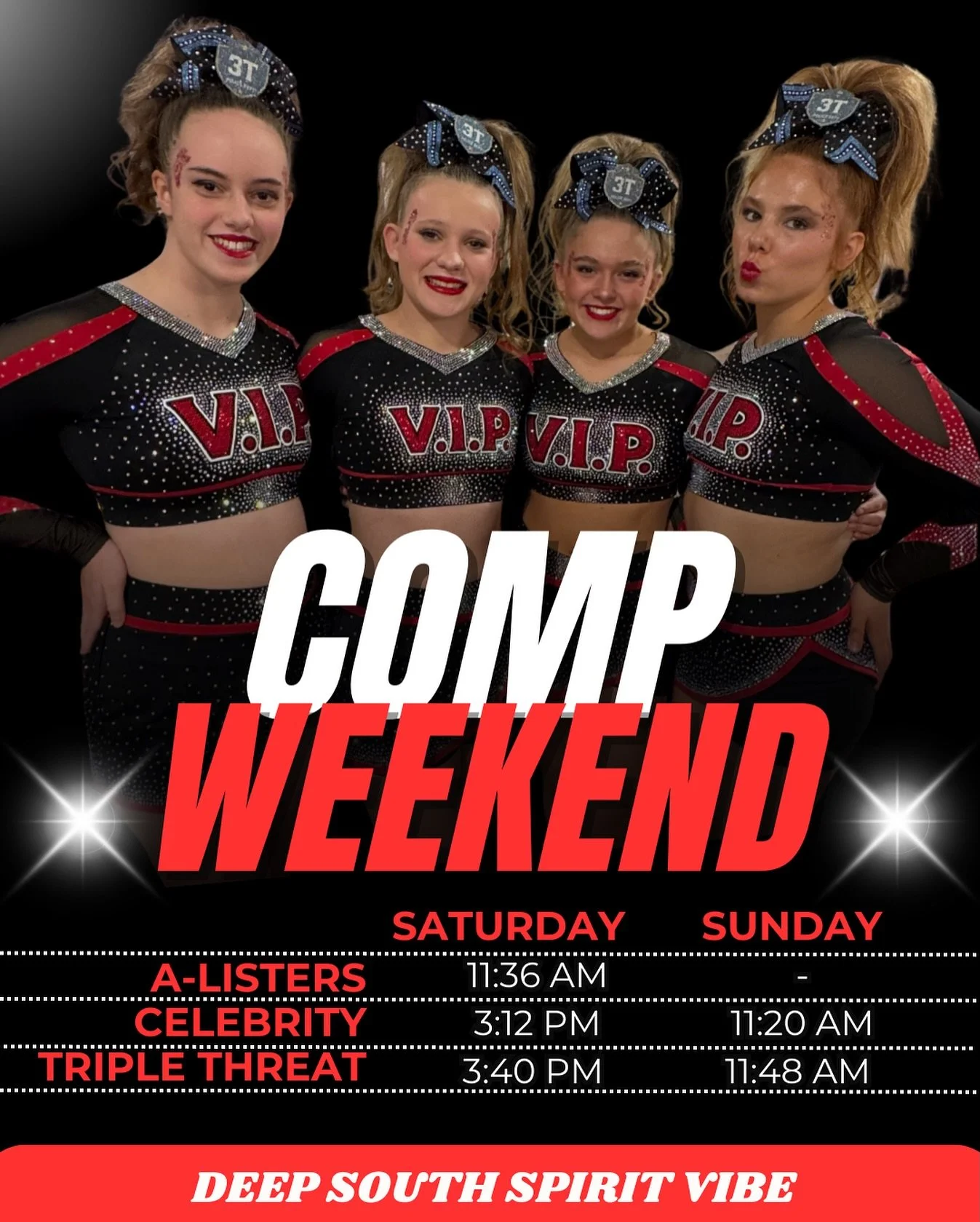 Back to back comp weekends and we&rsquo;re here for it!! 🙌 

Best of luck to A-Listers, Celebrity, and Triple Threat as they take on Deep South Spirit in Council Bluffs this weekend!! &hearts;️🖤