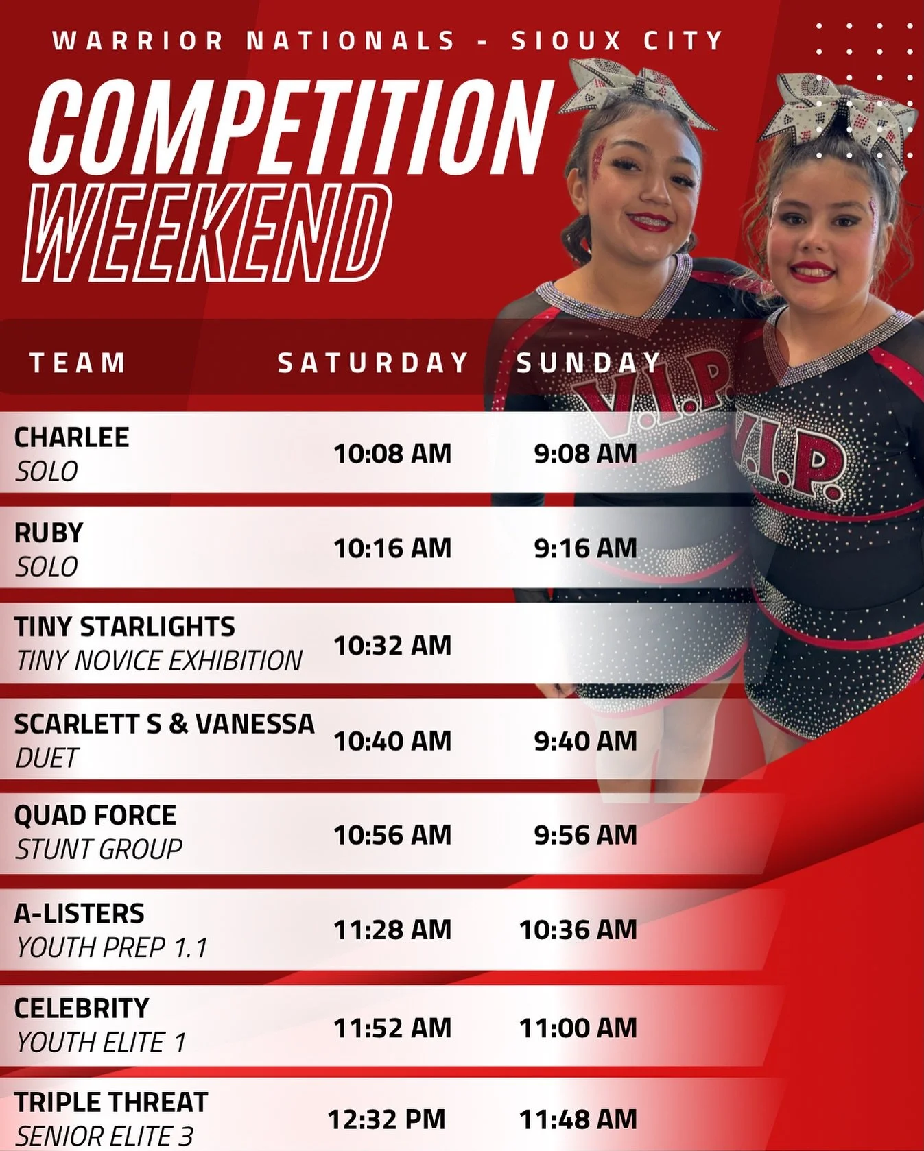 It&rsquo;s COMP WEEKEND for our cheer teams, and this time, it&rsquo;s on home turf! Come cheer on our athletes as they compete at Warrior Nationals at the Sioux City Convention Center on January 31st and February 1st!

Tickets can be purchased at ht