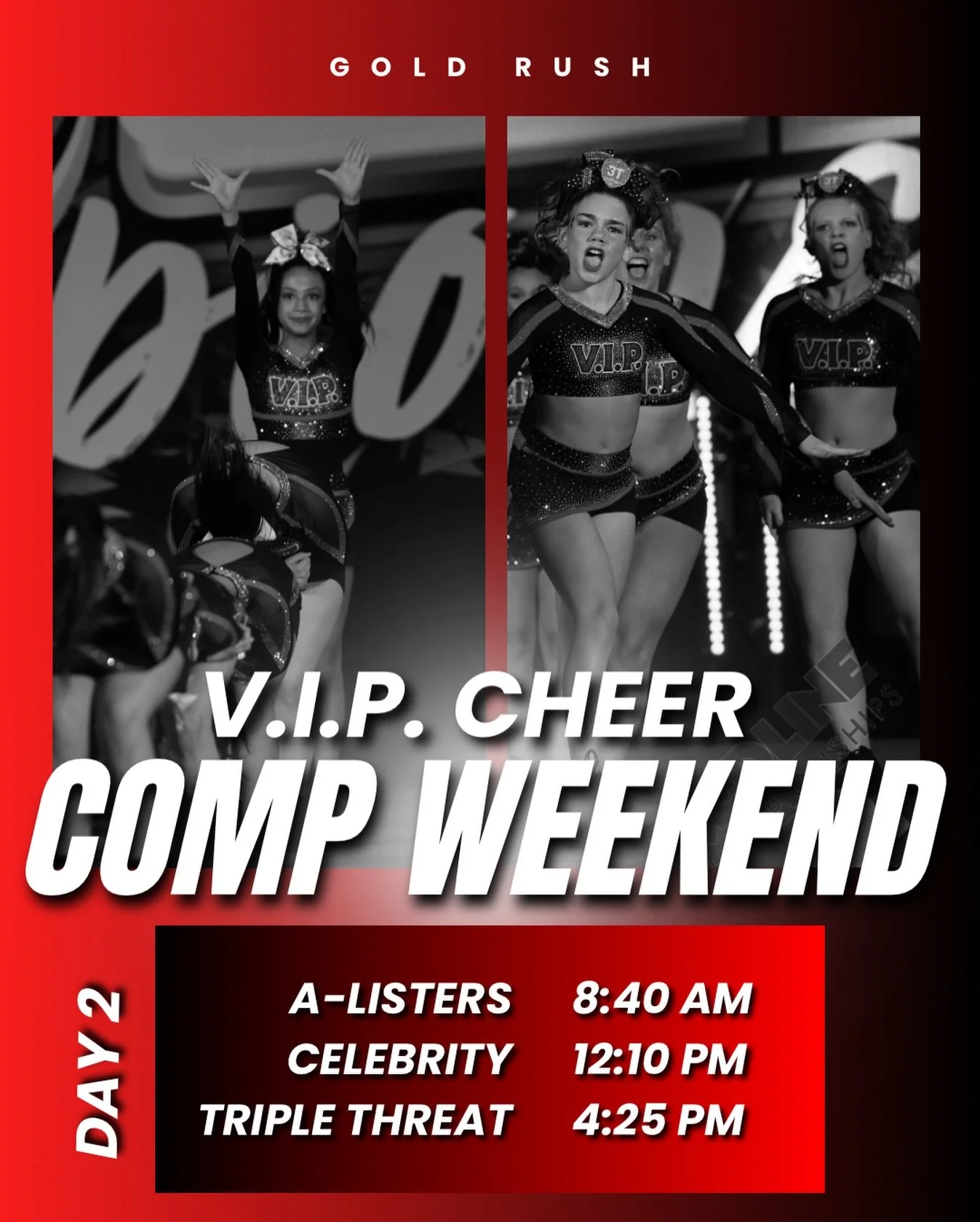After an amazing Day 1, we&rsquo;re back to show out one last time this season! Wish our teams luck as they compete at Day 2 of GOLD RUSH! ⭐️❤️🖤

Watch online at https://www.revolutionaryevents.com/copy-of-s-gr-char-d1-1