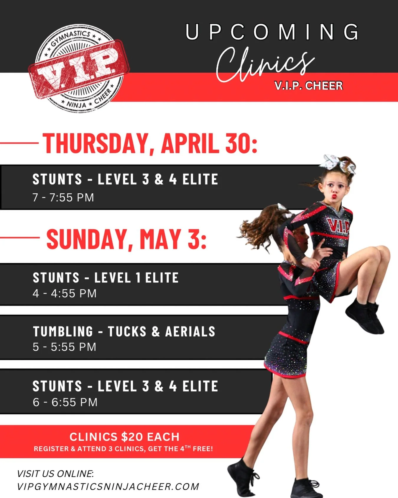 Looking to level up your skills for next season? Join us for a skill clinic! 

View our schedule and register online on our parent portal or at https://app.jackrabbitclass.com/eventcalendar.asp?orgID=534854

Not sure which clinics are the right fit? 