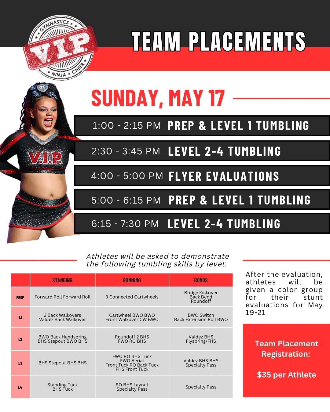 ✨📣 𝟮𝟬𝟮𝟲-𝟮𝟳 𝗧𝗘𝗔𝗠 𝗣𝗟𝗔𝗖𝗘𝗠𝗘𝗡𝗧𝗦 𝗦𝗧𝗔𝗥𝗧 𝗧𝗢𝗠𝗢𝗥𝗥𝗢𝗪! ✨

Come join the fun at V.I.P.! We have competitive teams for beginners and experienced athletes, ages 5-18. 

Develop new skills, build confidence, and create lifelong frie