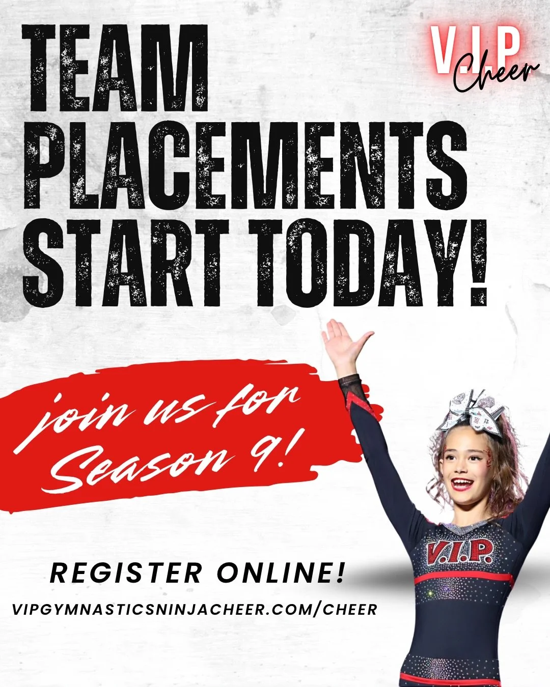 Get excited!! 2026-27 Team Placements start TODAY! 🤩

Register online or email vipcheersd@gmail.com! Link in bio.