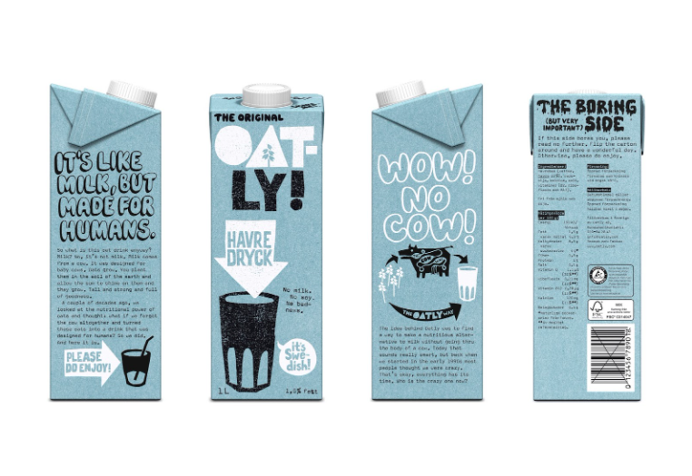 An image showing the Oatly brand packaging
