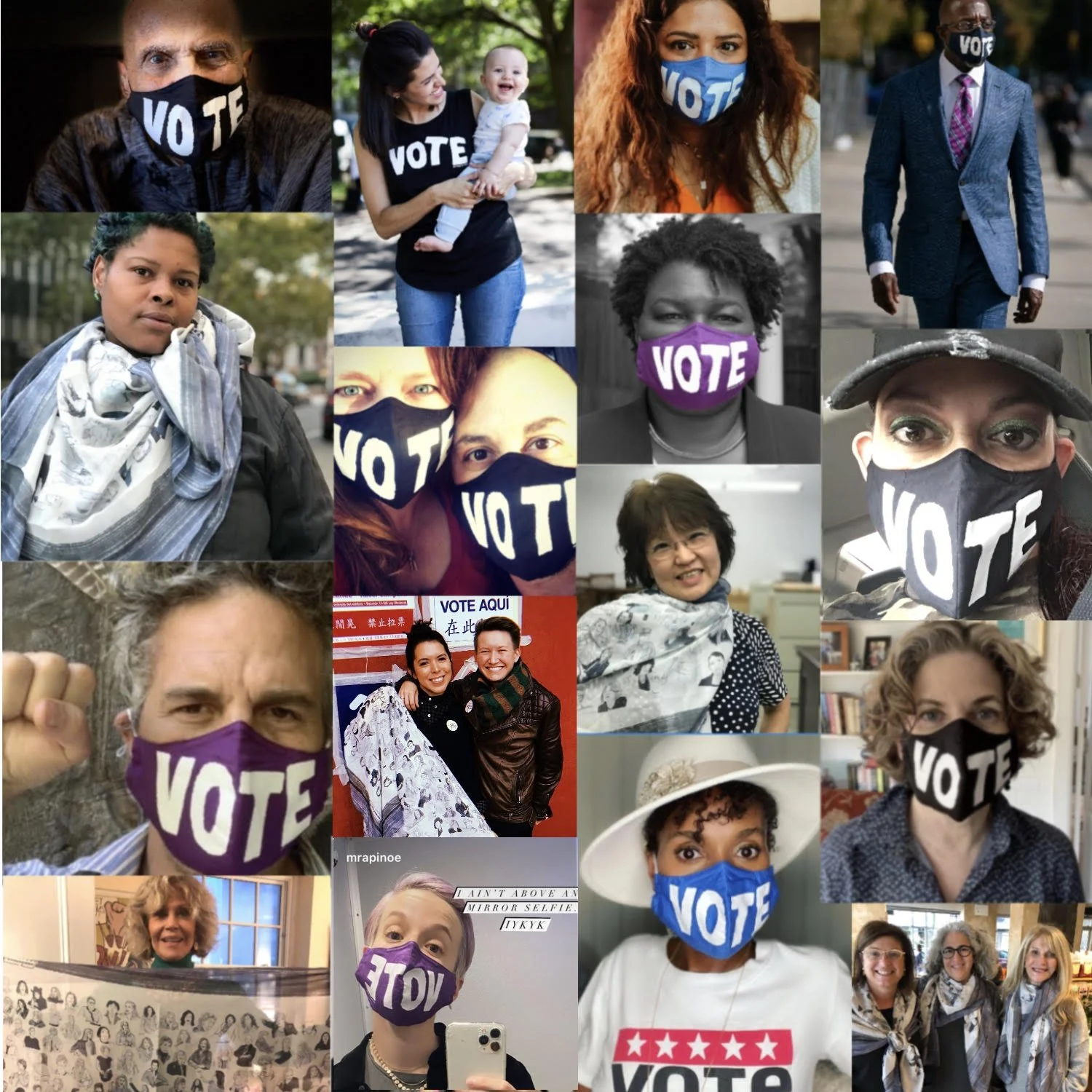 Collage of diverse people wearing face masks with 'VOTE' text, participating in election activities, including campaigning and voting.