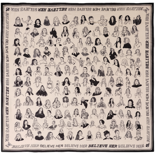 A black and white illustration featuring various women, each in different poses and expressions, arranged in rows with text around the border that reads 'Believe Her' and 'Believe Her' repeatedly.