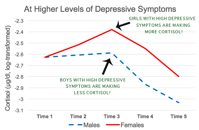 This graph shows cortisol levels before, during, and right after giving a public speech. We see that girls with high depressive symptoms are showing an increase in the stress hormone cortisol, but boys with high depressive symptoms aren't really making any extra cortisol at all! Could this put them at risk for different kinds of disorders? Or could this help us figure out who's at risk for depression?