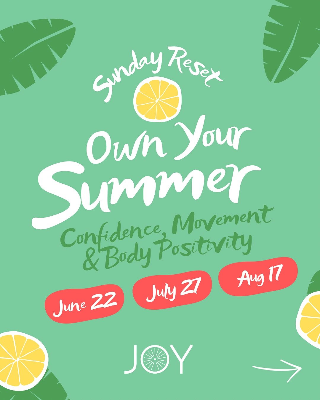 ☀️ SUNDAY RESET: Own Your Summer ☀️ 
This summer, our Sunday Reset takes a soulful new shape&mdash;a 3-part series with Coach Shannon designed to help you drop the shame, move with joy, and show up fully in the body you're in. 🌊

💃June 22: Sunlight