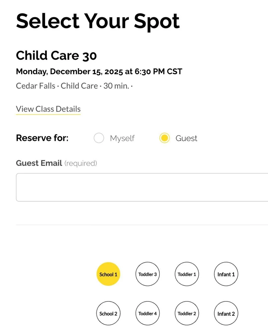 A sample of how to reserve a child care spot at Joywheel Cycling Studio, a gym offering strength and cycling fitness classes