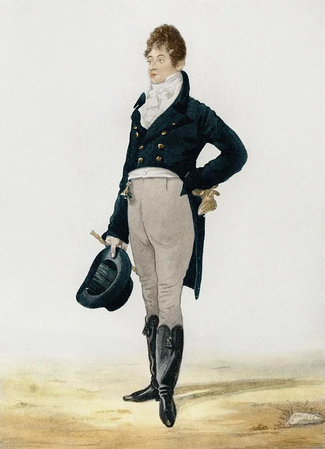 Original “Dandy” Beau Brummell, revolutionised men’s dress with his more simple and elegant style, Replacing the more common, elaborate regency fashions of the day with a look based on dark coats, full-length trousers rather than knee breeches and stockings, and above all, an immaculate shirt and elaborately knotted cravat.