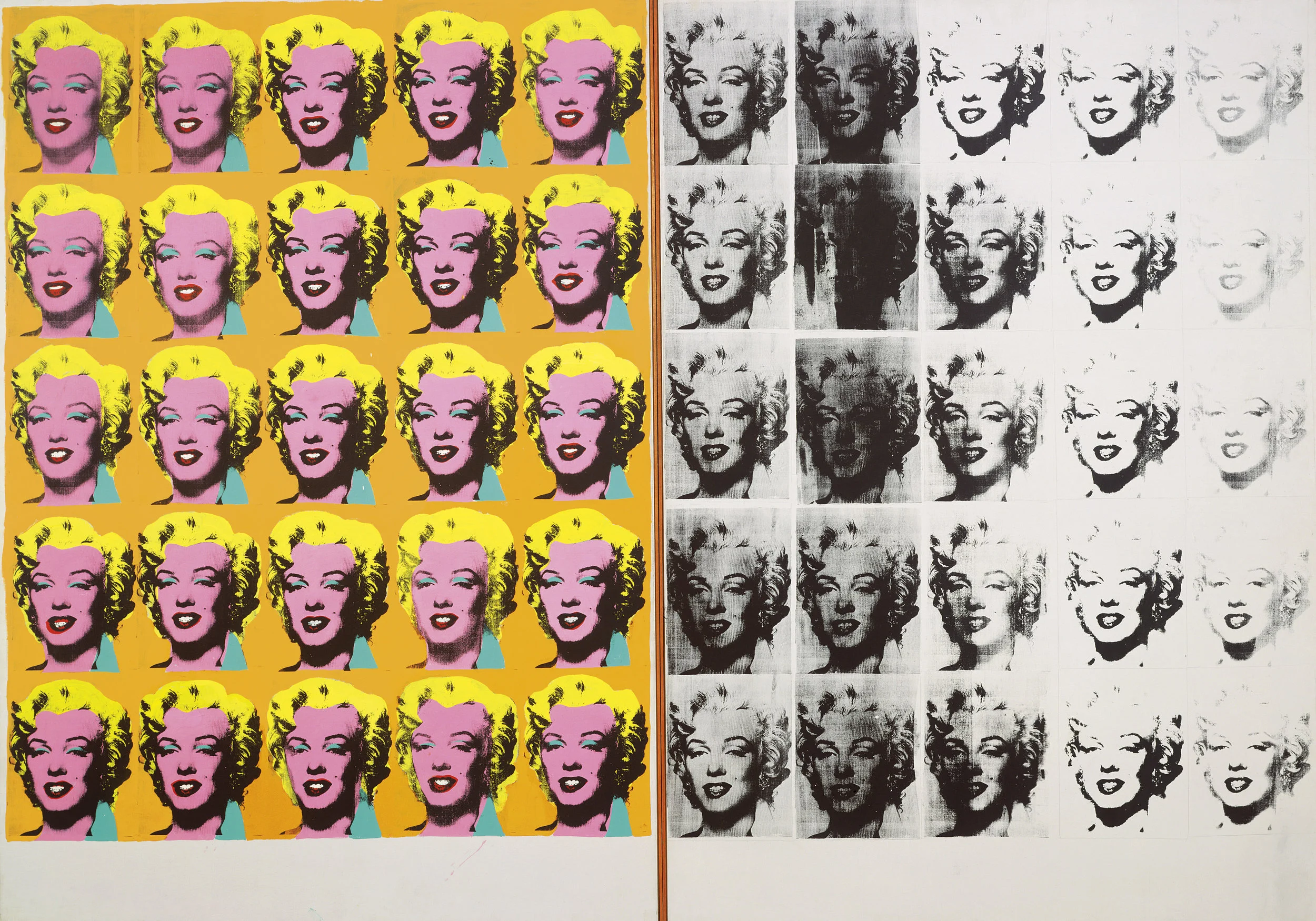 Andy Warhol (1928–1987), Marilyn Diptych , 1962. Acrylic, silkscreen ink, and graphite on linen, two panels: 80 7/8 x 114 in. (205.4 x 289.6 cm) overall. Tate, London; purchase 1980 © The Andy Warhol Foundation for the Visual Arts, Inc. / Artists Rights Society (ARS) New York