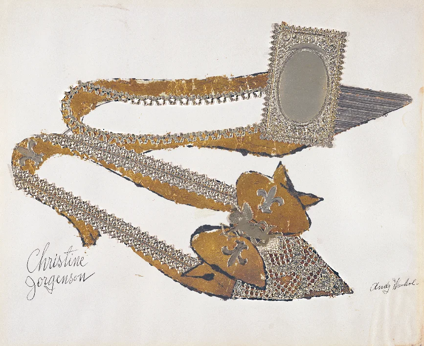 Andy Warhol (1928–1987), Christine Jorgenson , 1956. Collaged metal leaf and embossed foil with ink on paper, 13 x 16 in. (32.9 x 40.7 cm). Sammlung Froehlich, Leinfelden-Echterdingen, Germany © The Andy Warhol Foundation for the Visual Arts, Inc. / Artists Rights Society (ARS) New York