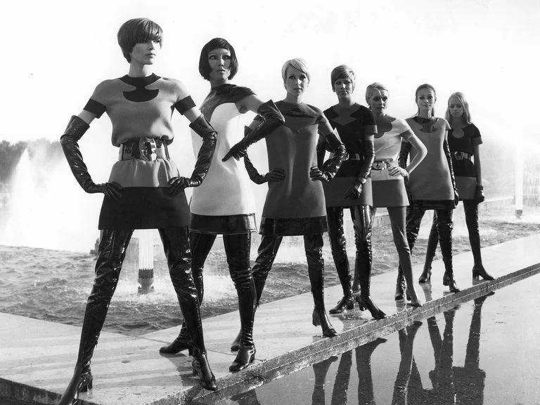 Pierre Cardin two-tone jersey dresses, with vinyl waders, 1969. Photo: Yoshi Takata. © Pierre Pelegry