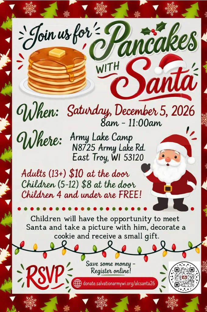 Poster for Pancakes with Santa happening December 5th, 2026 at Army Lake Camp.