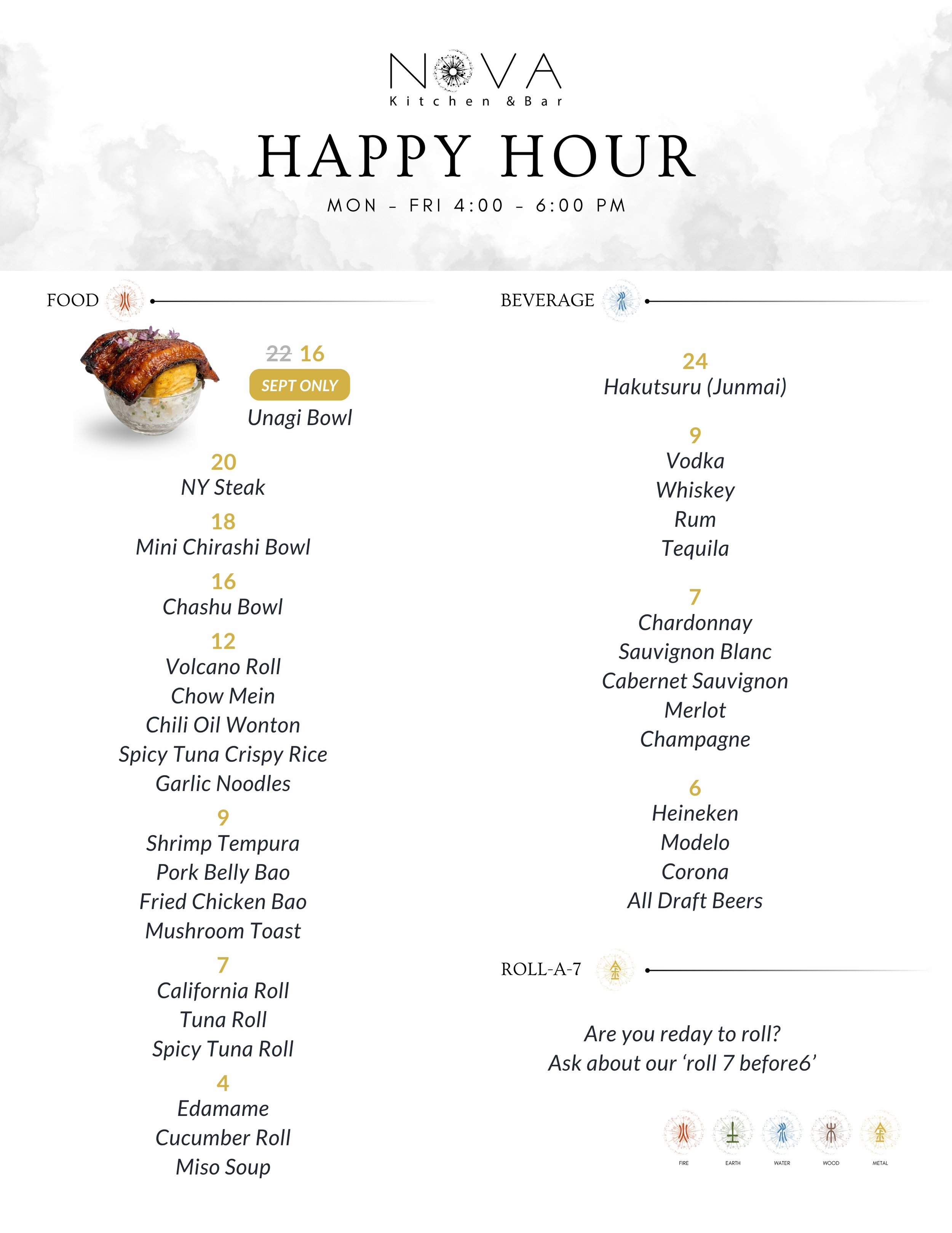 NOVA Happy Hour Menu Mon - Fri 4-6 pm