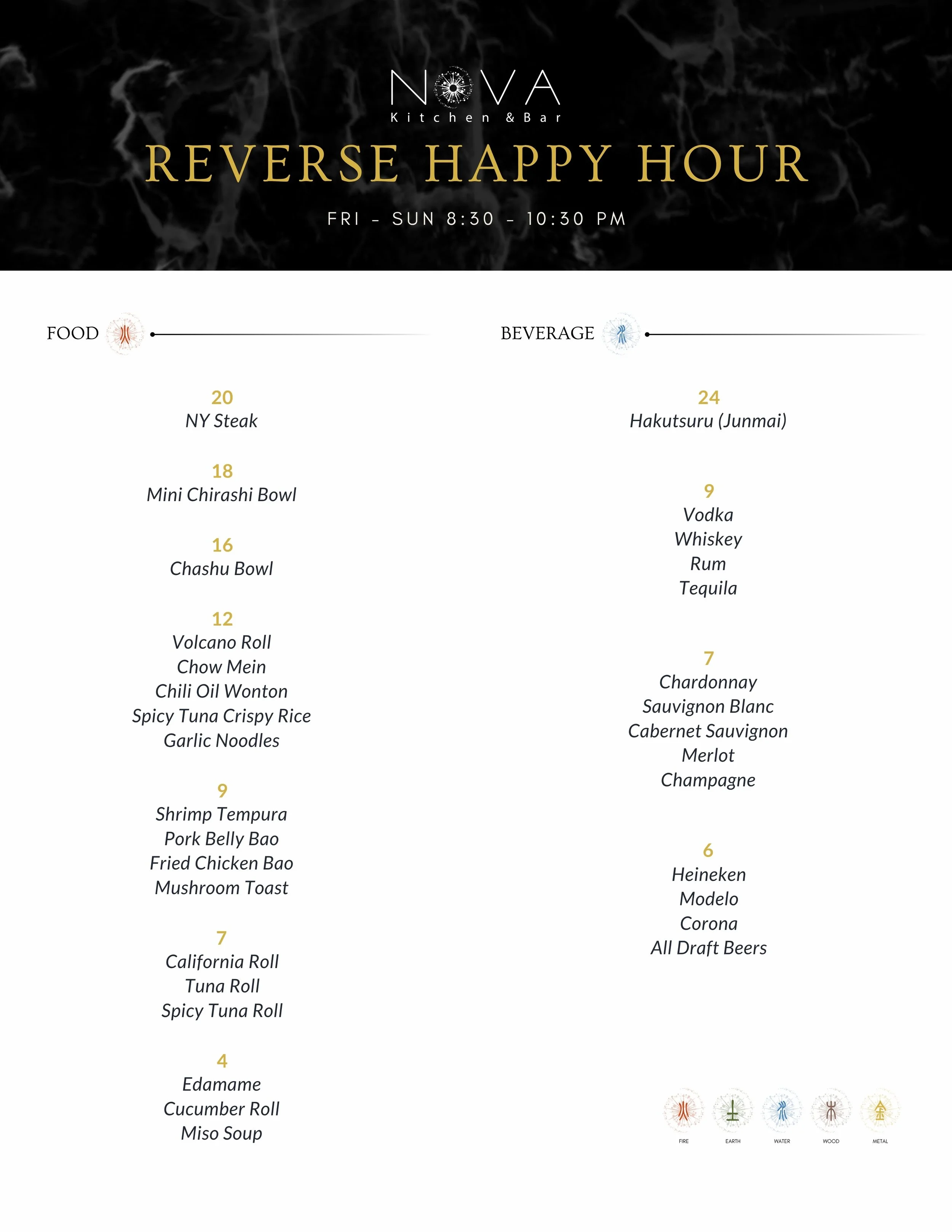 NOVA Kitchen & Bar Reverse Happy Hour Menu Fri - Sun 8-10 pm