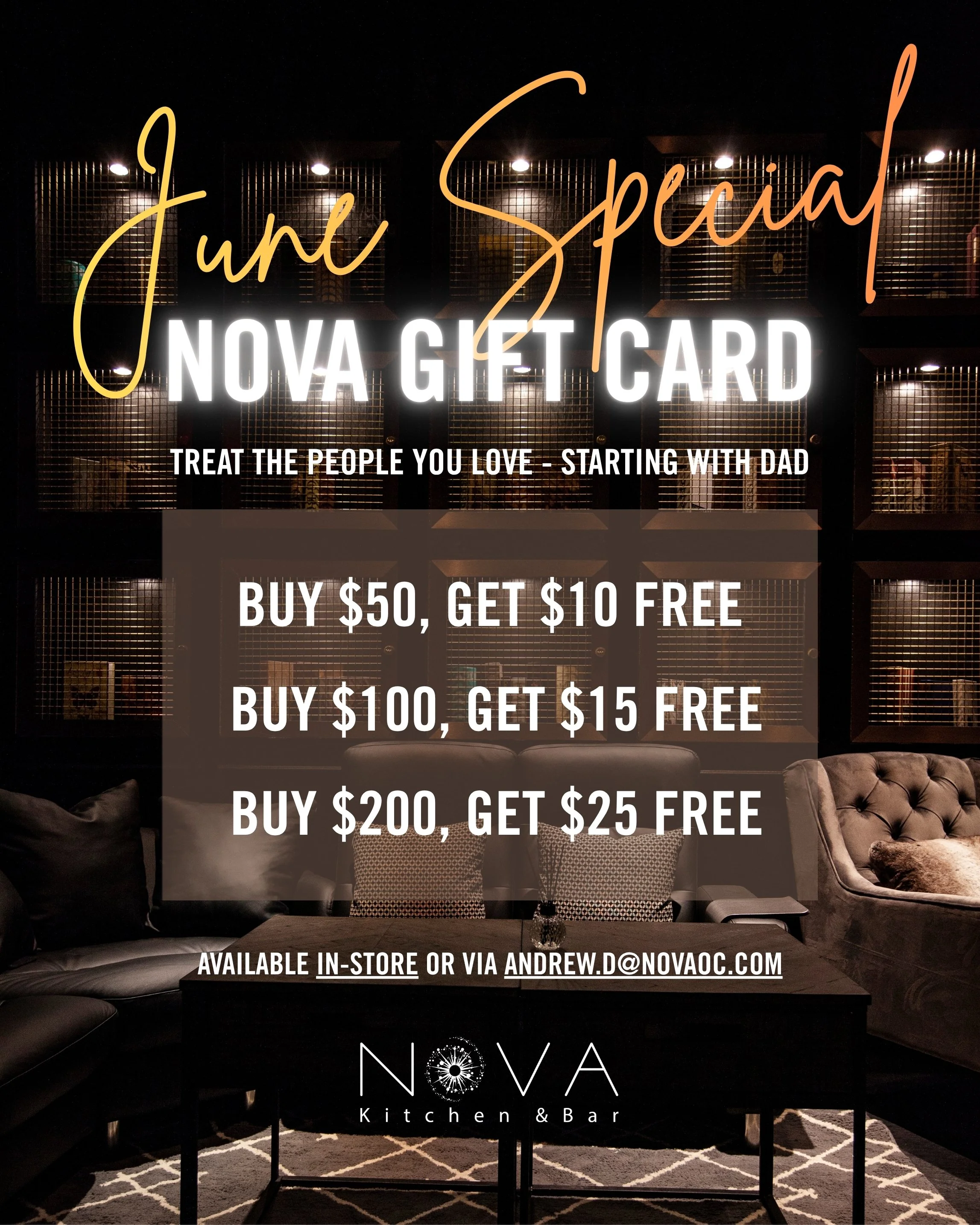 NOVA gift card is on sale! Buy $200 and get $25 free!