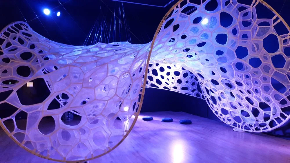 Jenny E. Sabin’s “PolyThread Knitted Textile Pavilion.” 2015, 3-D printed nylon. Photo by Julie Muñiz.