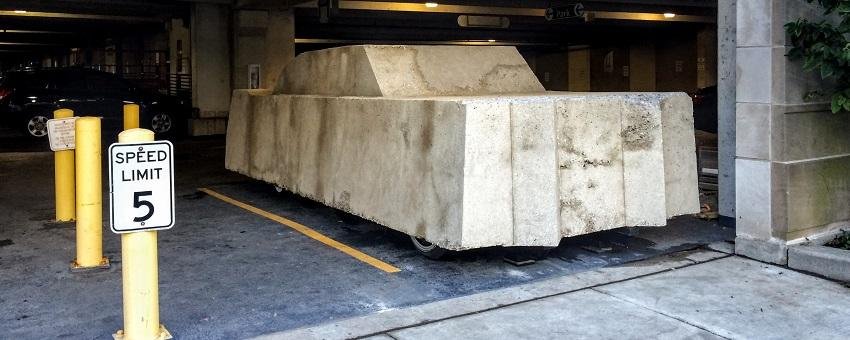   Wolf Vostell’s Concrete Traffic, 1970, in its new location at the east entrance to the University of Chicago Campus North Parking Garage. (Photo by Christine Mehring).  