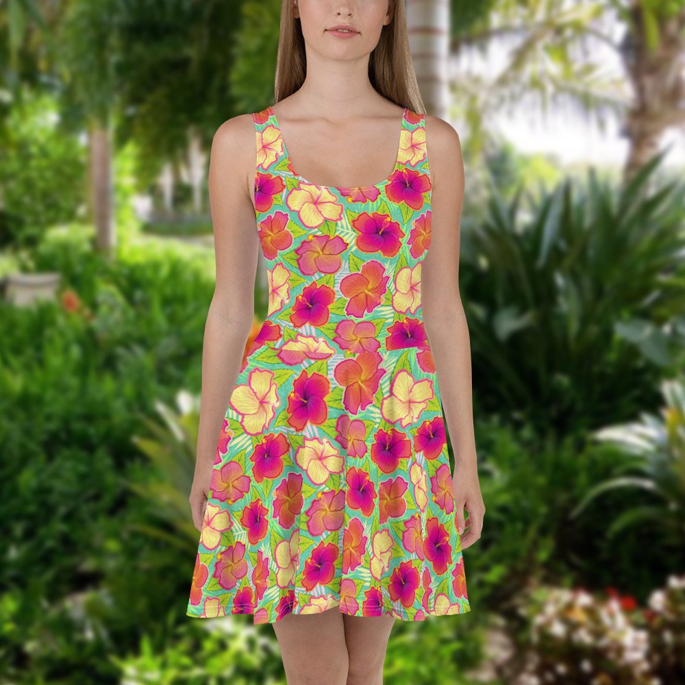 Tropical Hibiscus Eco-Friendly Skater Dress Squatch & Siren Tropical Hibiscus Eco-Friendly Skater Dress Squatch & Siren