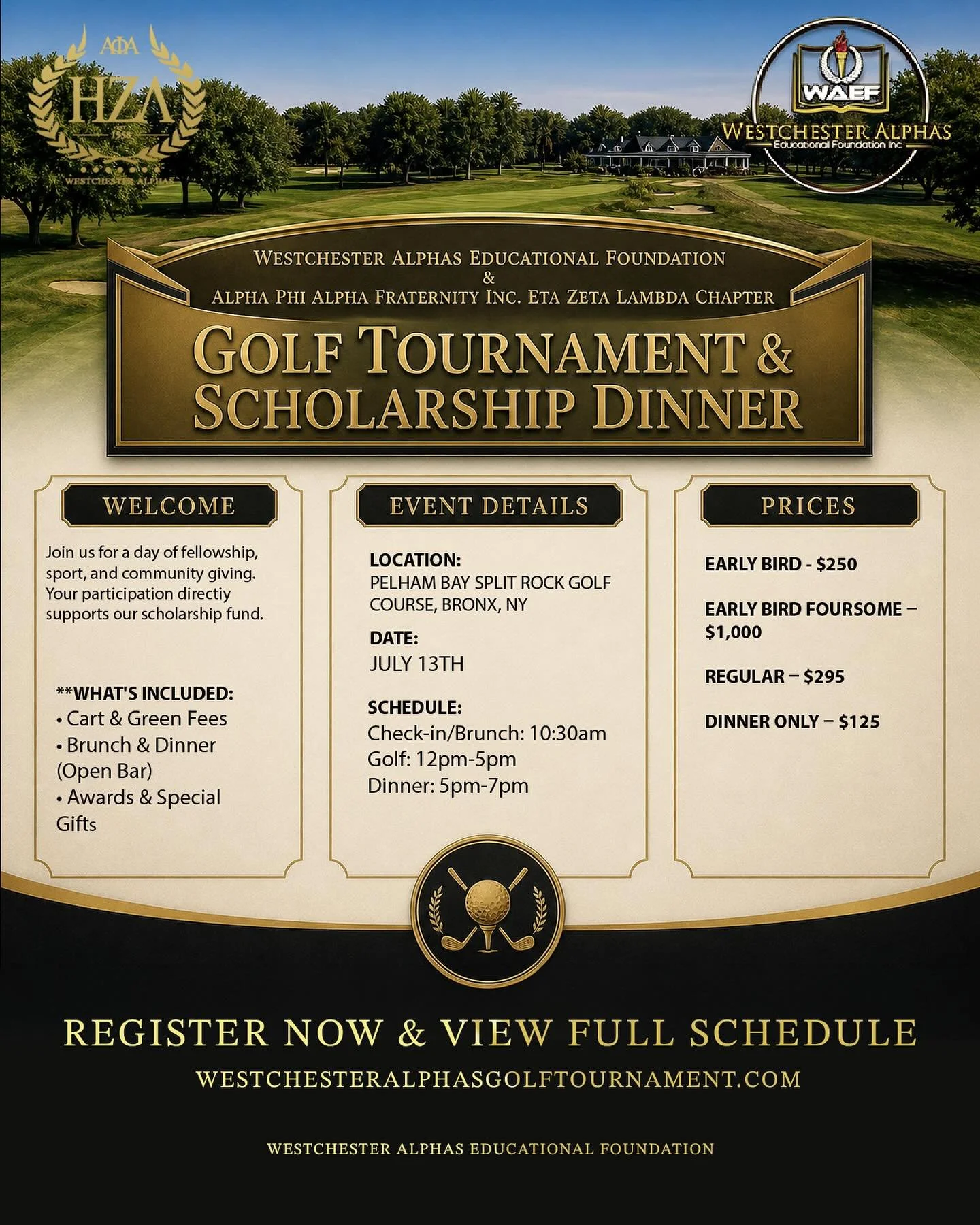 Join us for a day where fellowship meets purpose. ⛳️ The Westchester Alphas Educational Foundation invites you to our Golf Tournament &amp; Scholarship Dinner&mdash;a chance to connect, compete, and contribute to something bigger than the game.

Your